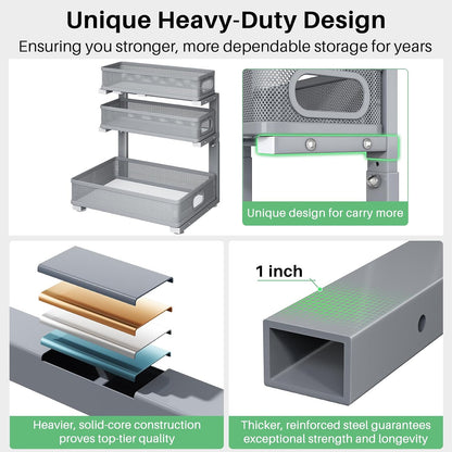 Kitstorack Under Sink Organizer, 2-Pack 3-Tier Height Adjustable Thickened Metal Pull out Cabinet Organizer Shelf, Slide out Storage Drawer Rack for Bathroom Kitchen Pantry Home Laundry Organization