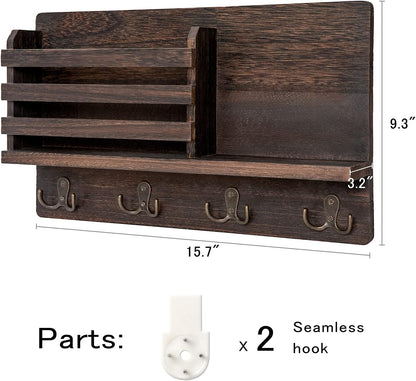 Dahey Key Mail Holder Wall Mounted Wooden Hanger with 4 Double Hooks, Brown | Rustic Farmhouse Decor, Wall Mail Organizer with Shelf, Solid Wood Rack, Easy Install, Versatile Storage for Entryway Mudroom