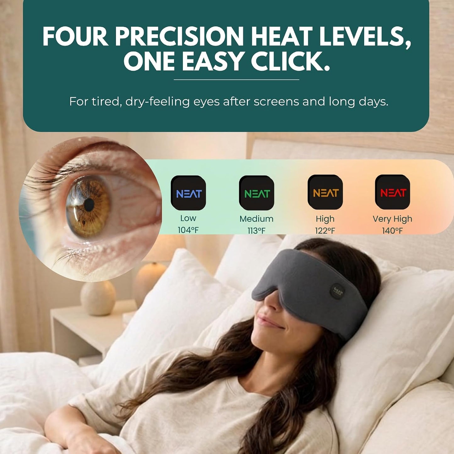 Heated Eye Mask – Cordless Electric Warm Eye Compress for Dry Eyes, Stye & Eye Strain Relief – 4 Heat Settings, Rechargeable, Light-Blocking, Blackout, Washable Cover (Ocean Stone)