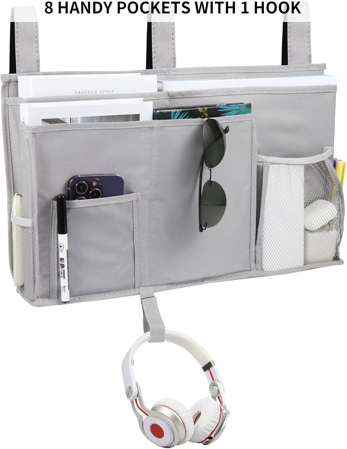 Joyfulife Bedside Caddy Bunk Bed Organizer Bedside Storage Organizer Hanging Bed Organizer Storage Bag Pocket for Bunk, Hospital Beds, College Dorm Rooms, Baby Bed Rails, Camp 8 Pockets (A-Gray)