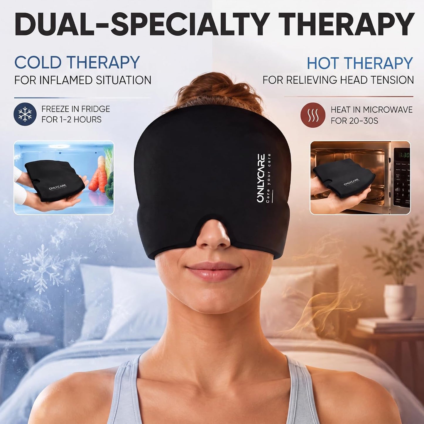ONLYCARE Migraine Relief Cap, Headache Relief Cold Cap with Odorless Gel | Cooling Hat Head Wrap Soothing Face Ice Pack Mask Products for Tension Stress Hangover & Puffy Eyes, Relaxing Gifts for Women