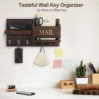 Lwenki Mail Organizer for Wall Mount – Key Holder with Shelf Includes Letter Holder and Hooks for Hallway Farmhouse Decor – Rustic Wood with Flush Mounting Hardware (16.5” x 9.1” x 3.4”) (White)