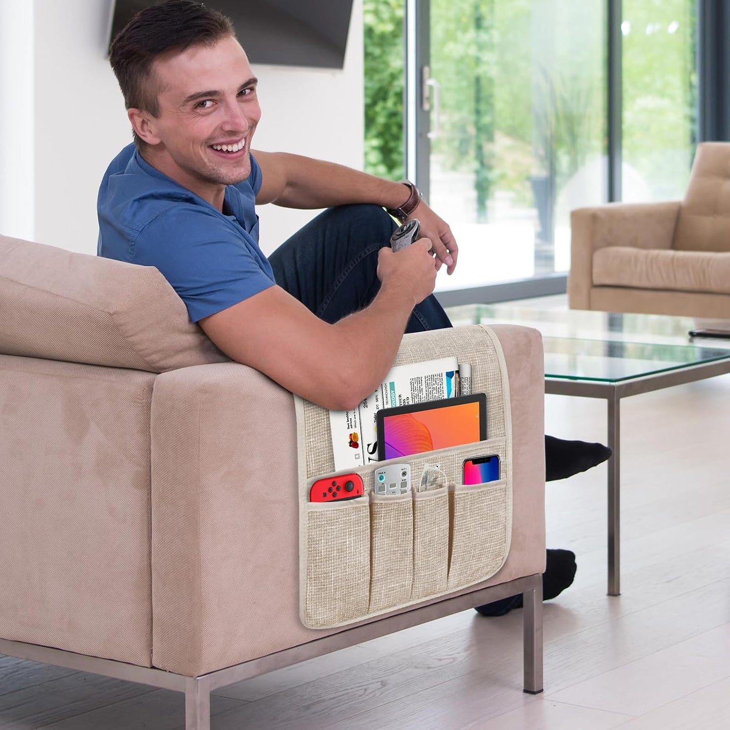 Remote Control Holder, Anti Slip Armchair Caddy Couch Caddy with 5 Pockets | Remote Holder Couch Caddy with 5 Pockets for Storage Accessories Bedside Organizer Senior Gifts (Beige,35''x12.4'')