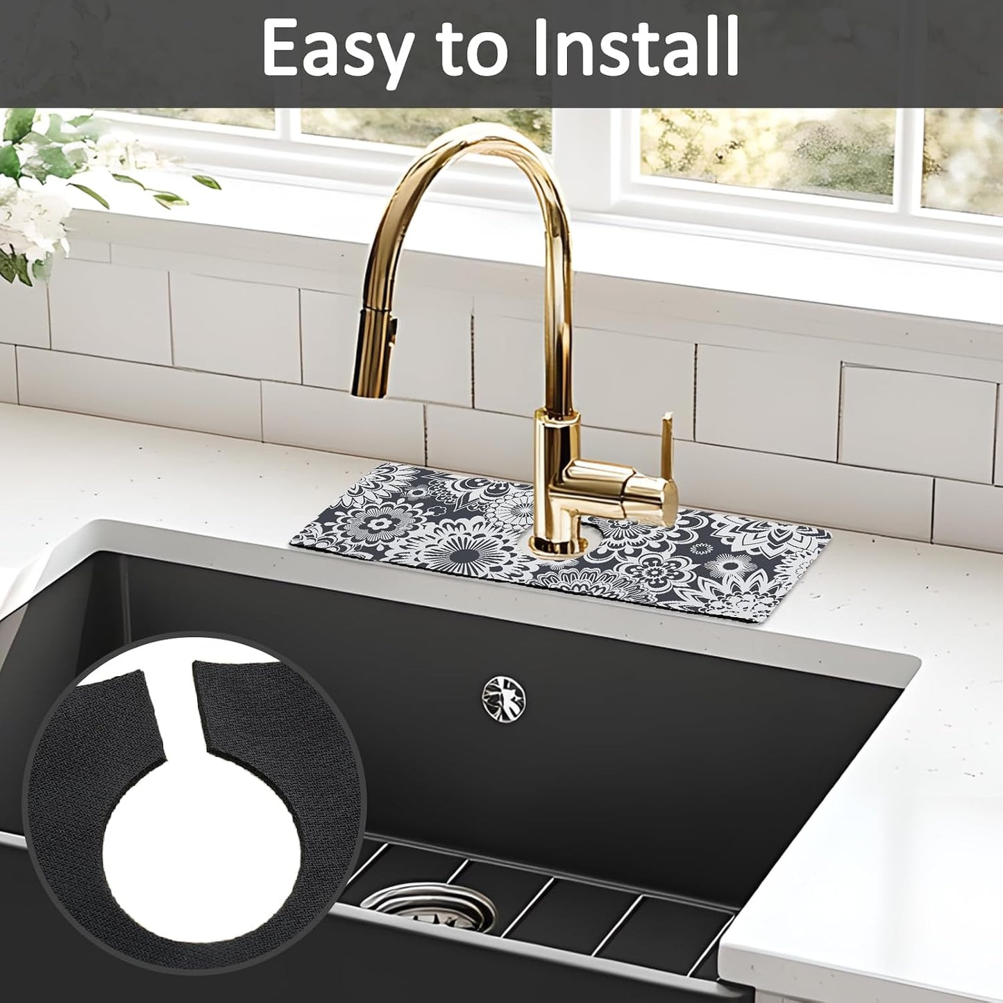 24" X 5.5" Kitchen Sink Splash Guard Faucet Mat Mandala Super Absorbent Fast Drying Faucet Guard & Draining Mat Sink Splash Guard Behind Faucet for Kitchen, Bathroom