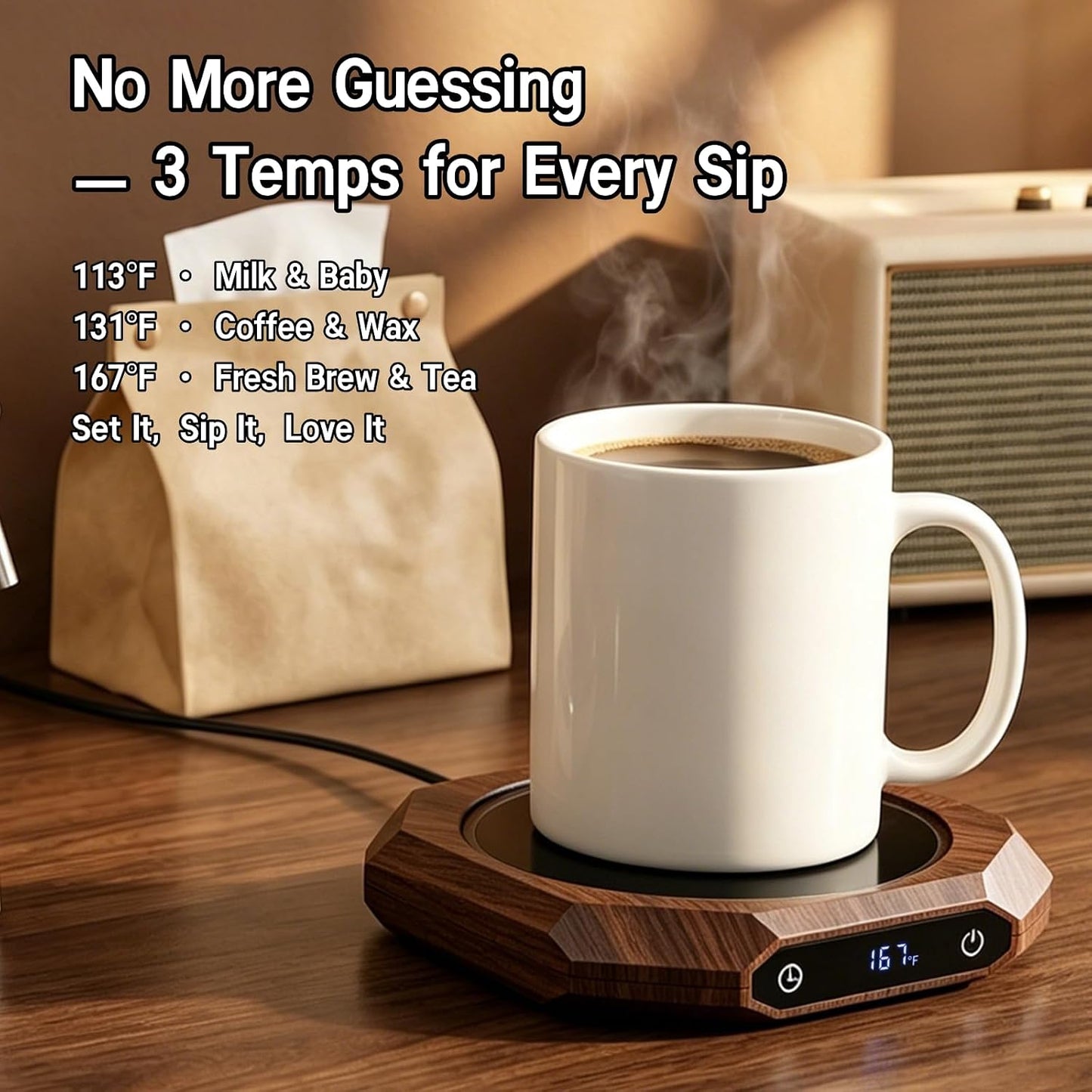 Coffee Mug Warmer with Timer for Desk, Auto Shut Off, Pink | 40W Fast Warmer & 3 Temp; Smart 1-12H Timer & Auto Shut-Off; Compact Pink Hot Plate for Desk; Ideal Gift for Mom & Wife