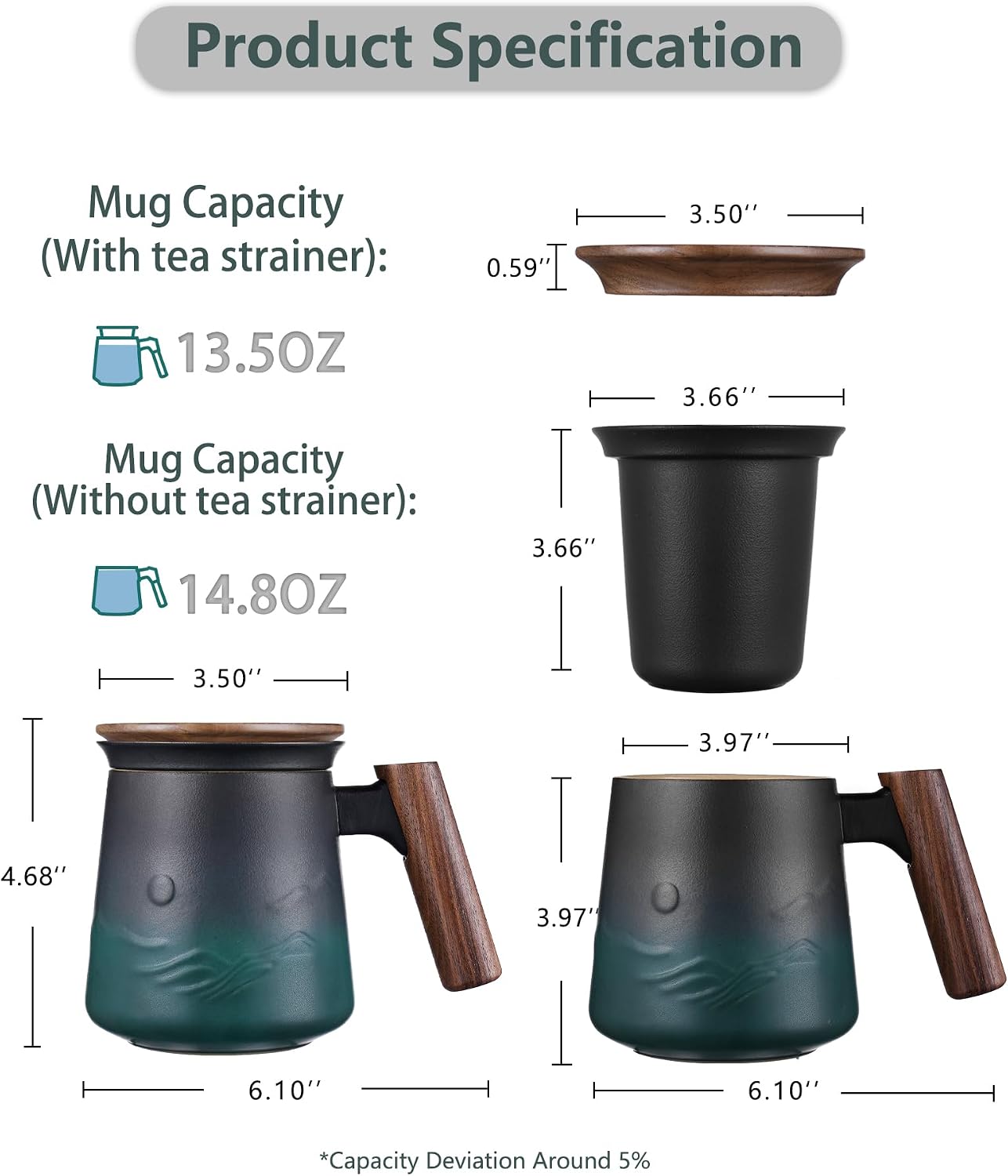 ZENS Tea Mug with Infuser and Lid for Loose Leaf Tea Steeper, 16.9oz Moss | Embossed Ceramic Tea Cup with Infuser for Herbal Tea Difussers, Tea Lovers Gifts, Nature Wood Handle