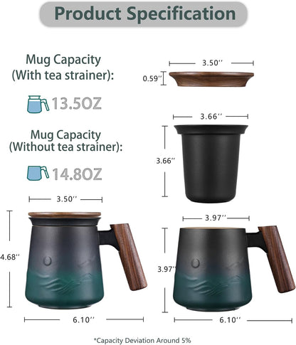 ZENS Tea Mug with Infuser and Lid for Loose Leaf Tea Steeper, 16.9oz Moss | Embossed Ceramic Tea Cup with Infuser for Herbal Tea Difussers, Tea Lovers Gifts, Nature Wood Handle