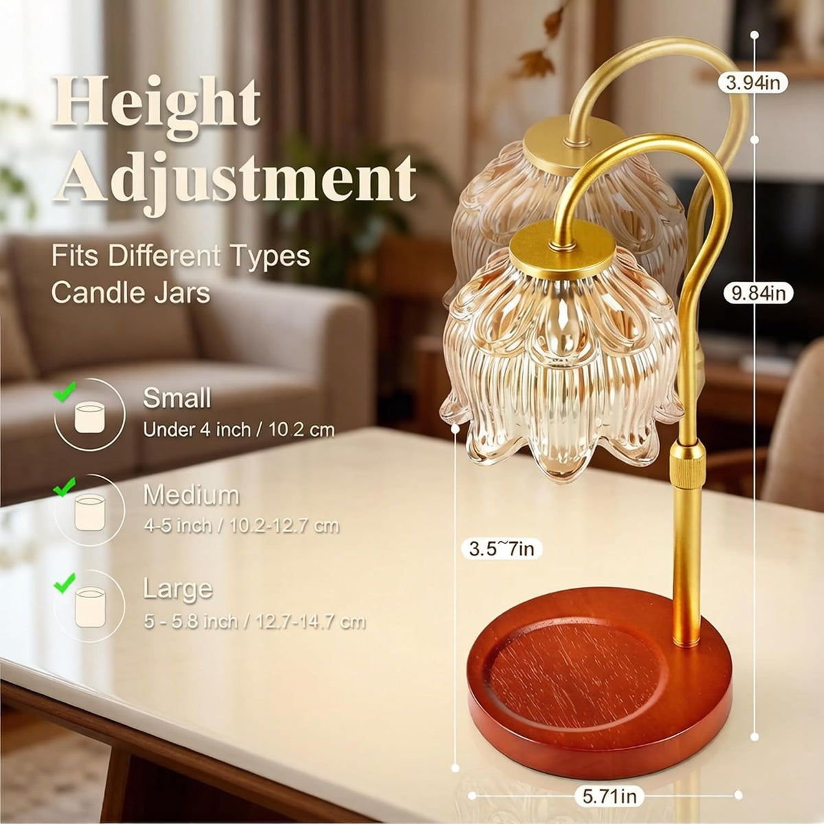 Dreamholder Electric Candle Warmer Lamp with Timer, Dimmable Candle Lamp with Adjustable Height, Wax Melter for Jar Candles Wood Base Floral Home Decor Gifts for Women Mom, Silver Glass