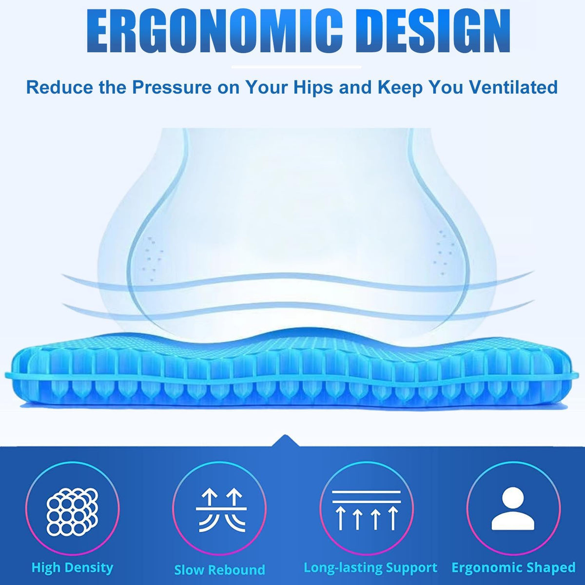 Gel Seat Cushion for Long Sitting - 1.65inch Double Thick Cooling Egg Cushion for Back, Hip, Sciatica, Coccyx, Tailbone Pain Relief - Office Chair Car Seat Cushion – Wheelchair Cushions