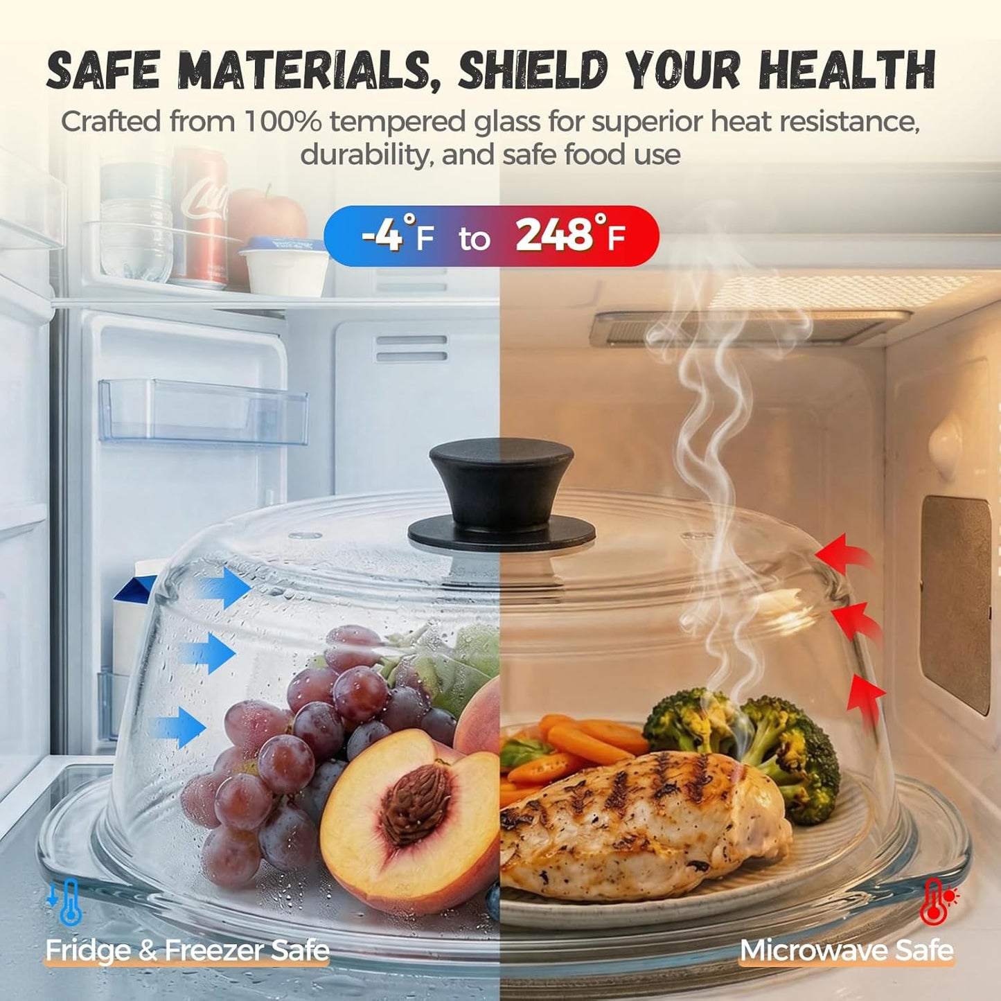 Glass Microwave Splatter Cover for Food with Silicone Trivet | Sturdy Glass Plate Guard Lid with Vent Holes & Easy-Grip Knob - BPA Free, Dishwasher Safe - 9.5inch, Includes Oven Mitt