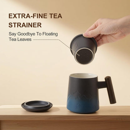 Tea Cup with Infuser, 13.5oz Ceramic Tea Infuser Mug with Wood Handle and Cup Lid, Tea Strainer Cup for Loose Leaf Steeping, Blue&Black