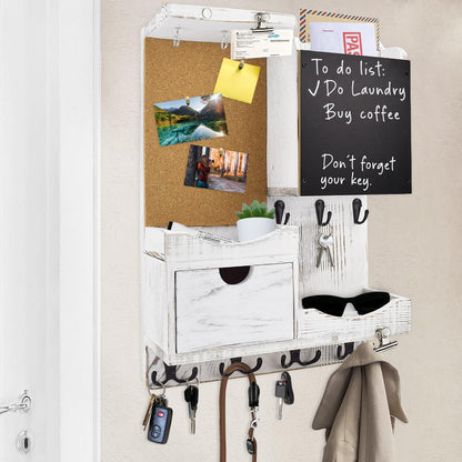 Key Holder for Wall Mount with Shelf and Mail Organizer, Key and Mail Holder with 16 Hooks, Farmhouse Entryway Organizer, Home Decor Rack (Pine Wood, White Washed)