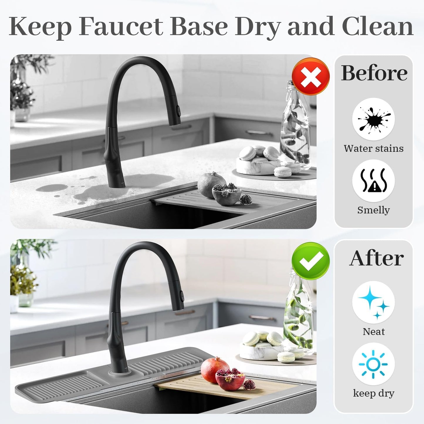 PoYang 23.6 Inch Silicone Sink Splash Guard, Kitchen Sink Mat, Light Grey | Faucet Mat with Wide Drainage & Cuttable Hole, Keeps Faucet Base Dry, Long & Short Sink Protectors for Kitchen, Bathroom & RV