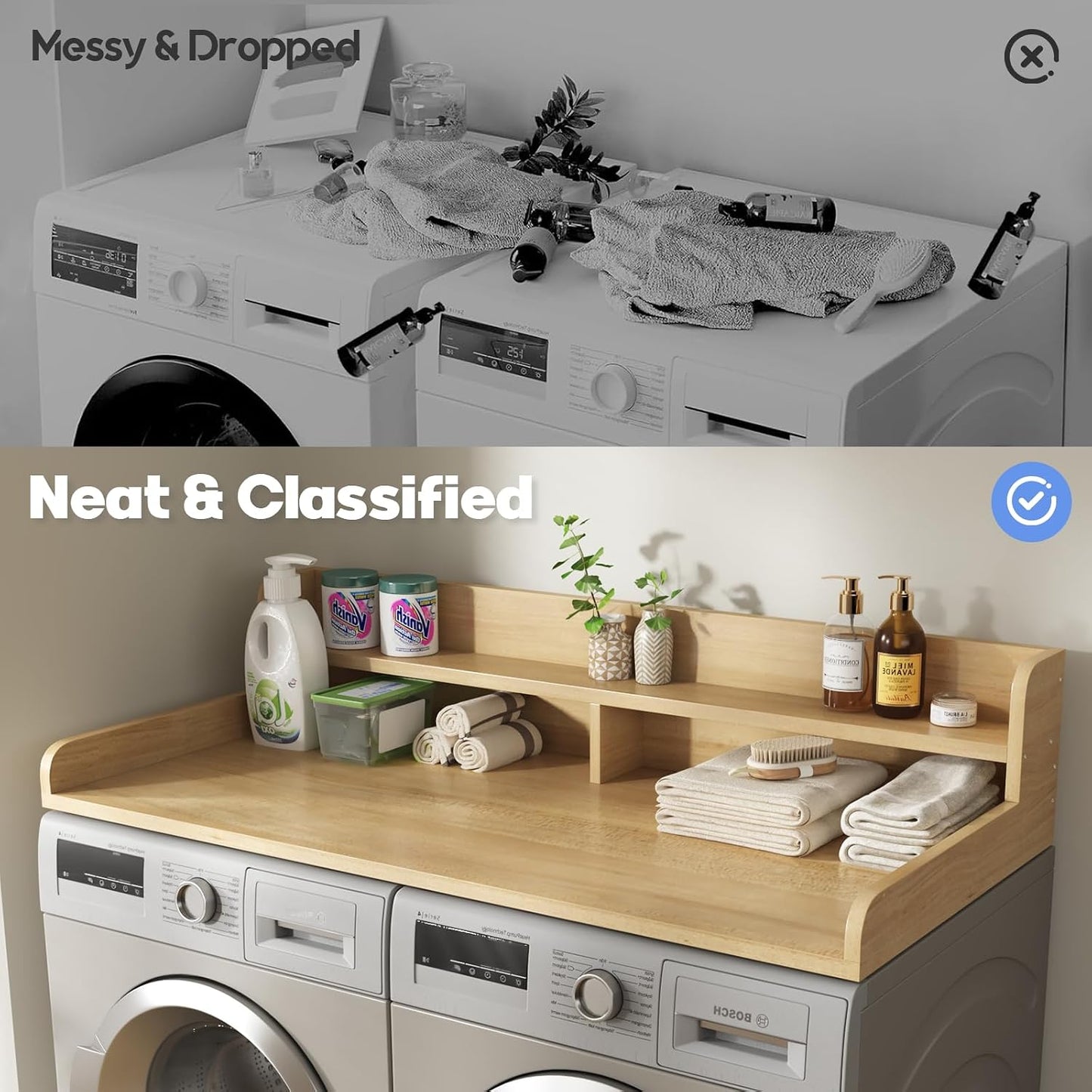 2-Tier Washer and Dryer Countertop with 2.75" H Guard,54" W x 27.5" D Laundry Countertop Cover with Non-Slip Pad,Large Space Laundry Topper for Folding Clothes Over Washer and Dryer-White
