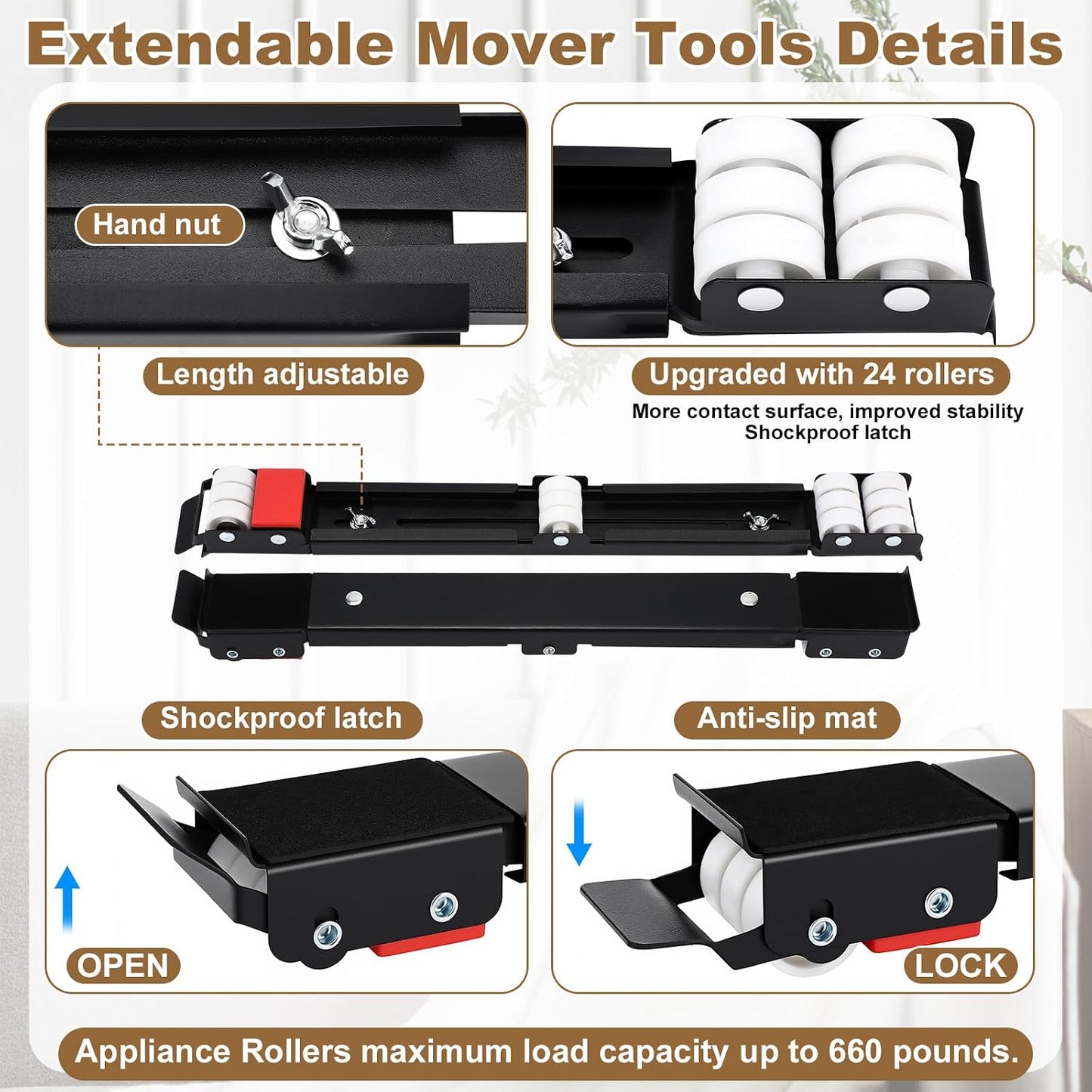 Zonon 2 Sets Appliance Rollers with Furniture Lifter, Heavy Duty Extendable Sliders with 24 Roller Brakes, Holds Up to 660 lb for Washers Dryers, Furniture Moving Tools(Silver,18 to 28 Inches)
