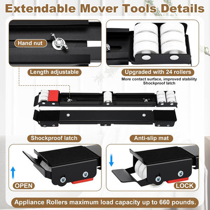 Zonon 2 Sets Appliance Rollers with Furniture Lifter, Heavy Duty Extendable Sliders with 24 Roller Brakes, Holds Up to 660 lb for Washers Dryers, Furniture Moving Tools(Silver,18 to 28 Inches)