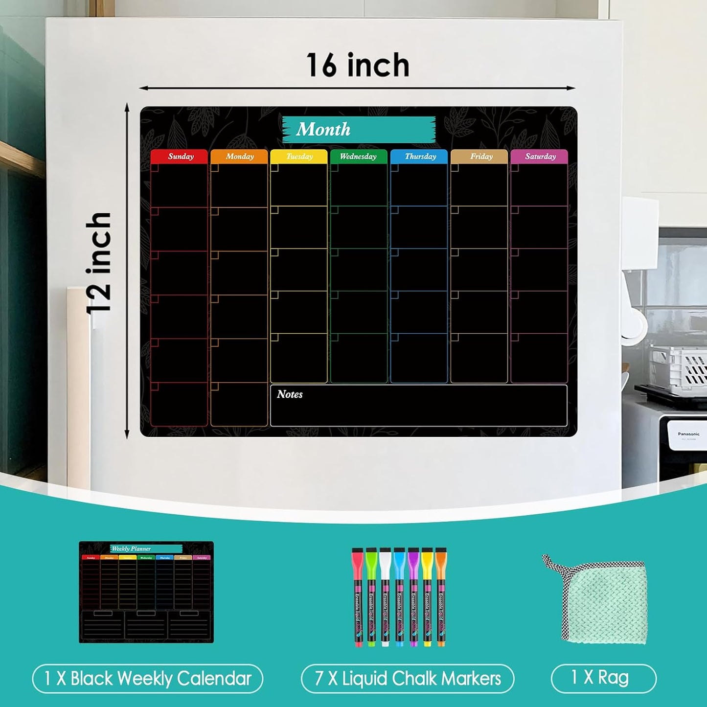 MaxGear Weekly Dry Erase Board for Fridge, 16"x12" Magnetic Calendar | Strong Magnetic, Smooth Writing and Effortless Erasing, Stain Resistant without any Stains with 7 Markers and 1 Eraser