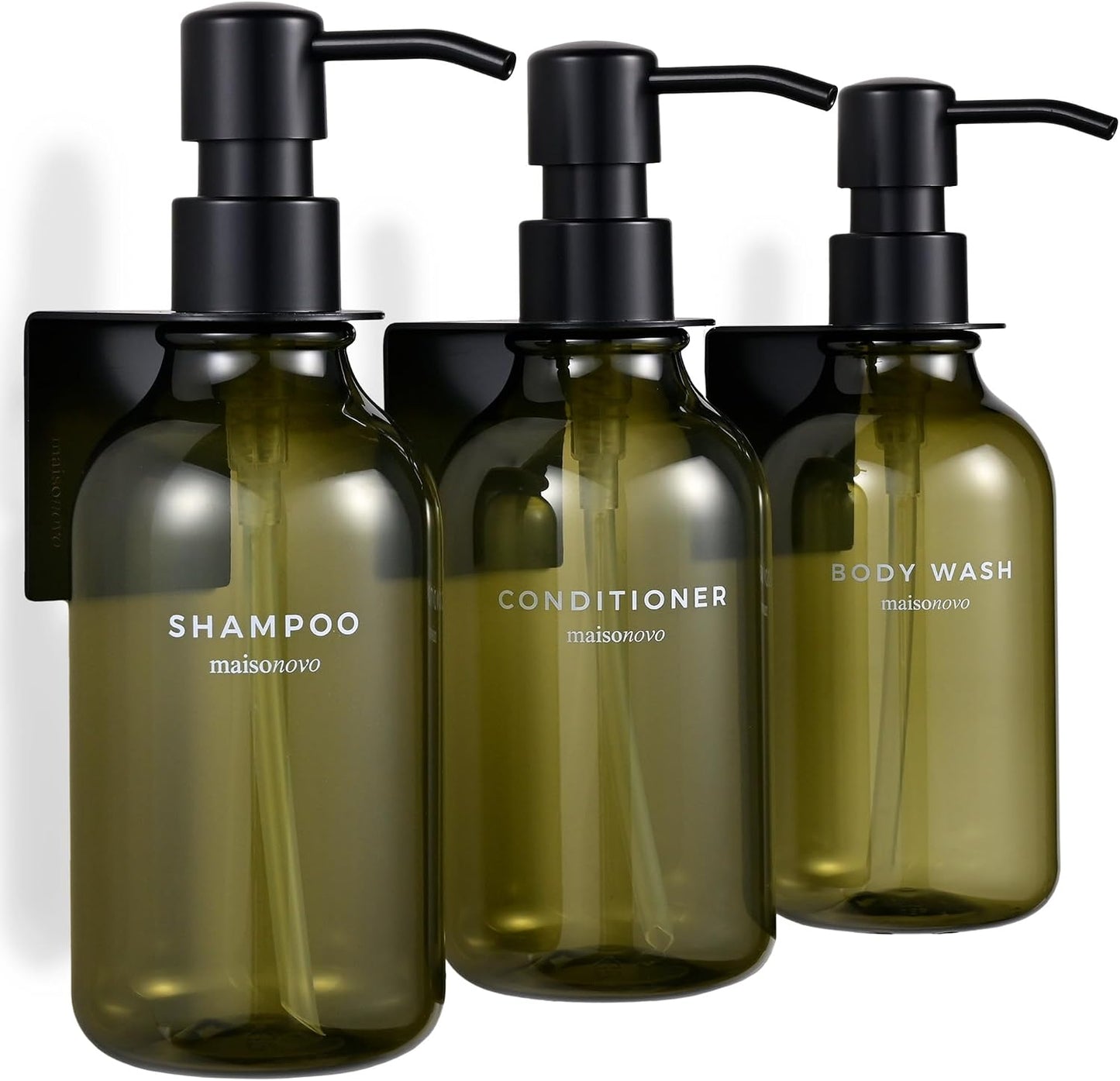 MaisoNovo Shampoo and Conditioner Dispenser|Refillable Black Set of 3 | 500 ml Shower Gel Dispenser Set of 3. Refillable Shampoo and Conditioner Bottles. Drill Free Secure Design. Black