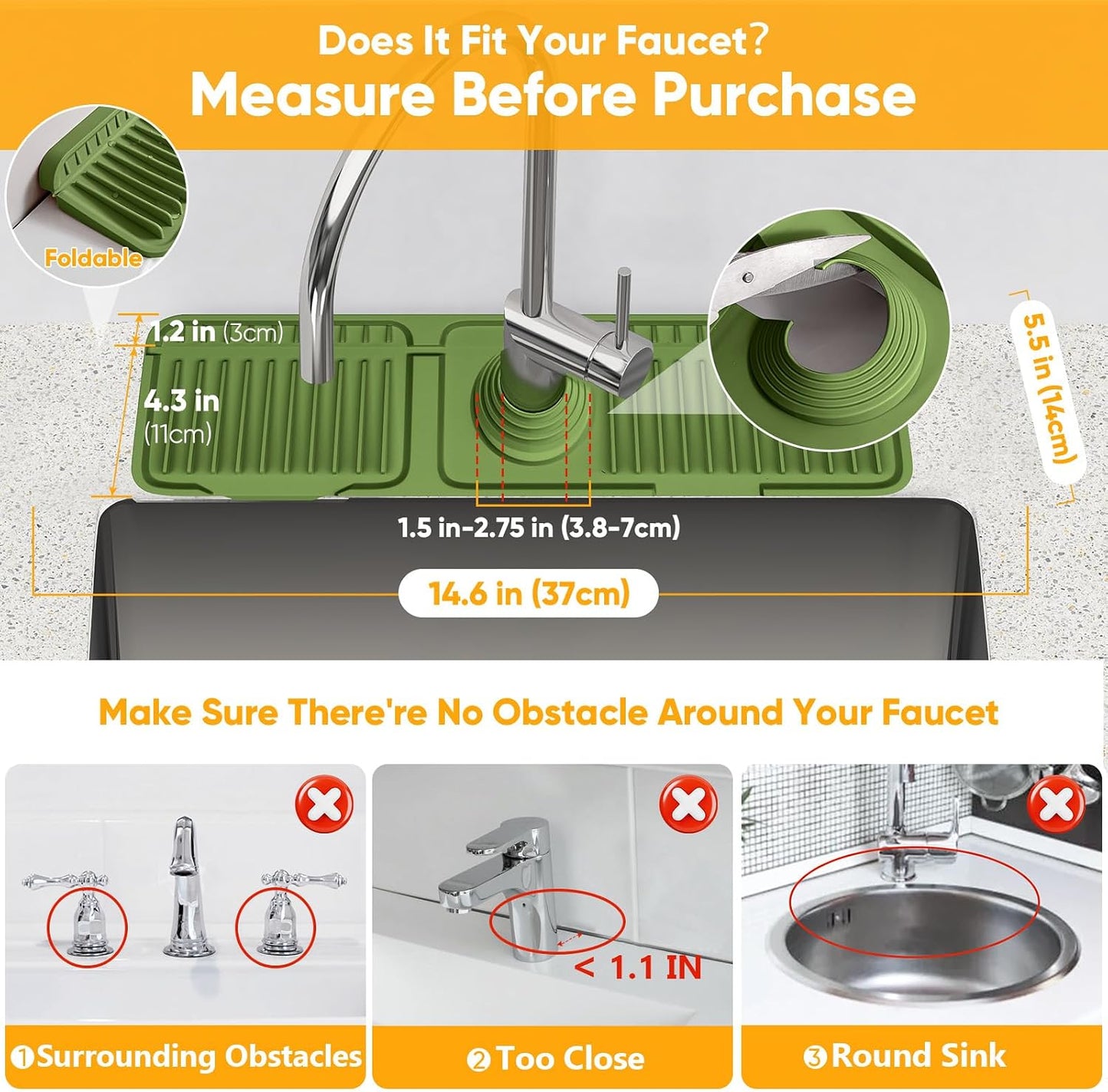 24'' Longer Faucet Mat for Kitchen Sink Splash Guard[7° Slope Fast Self-draining][Snap Lock Fit]Kitchen Sink Faucet Mat Splash Guard Kitchen Sink Area Water Splash Guard Behind Faucet Draining Mat