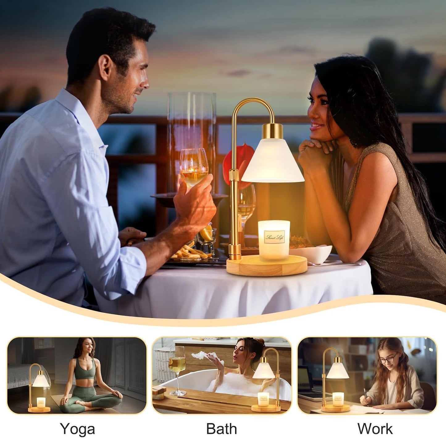 Candle Warmer Lamp with Timer & 3 Bulbs, Dimmable Electric CandleLight Adjustable Height and Brightness Candle Wax Warmer for Jar Candles Bedroom Home Decor House Warming Gift for Women (Round Gold)