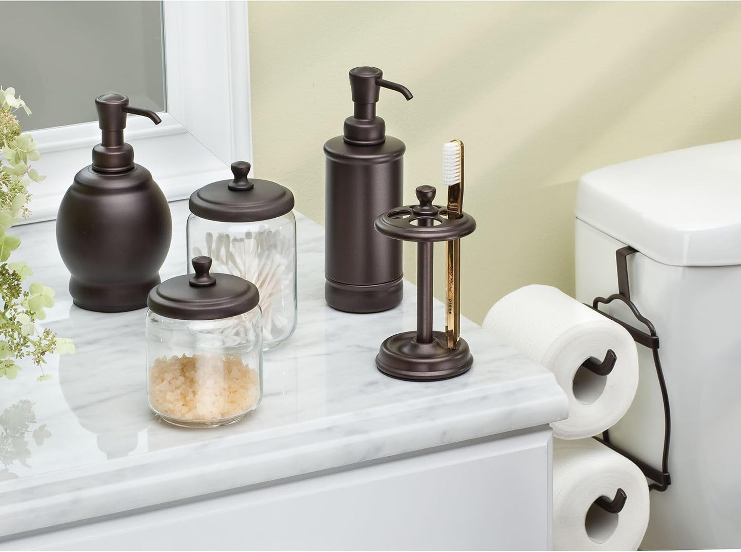 iDesign Steel Divided Toothbrush Holder Stand, 3.25" x 3.25" x 5.75" | Four Divided Compartments, Brushed Nickel & Polished Chrome