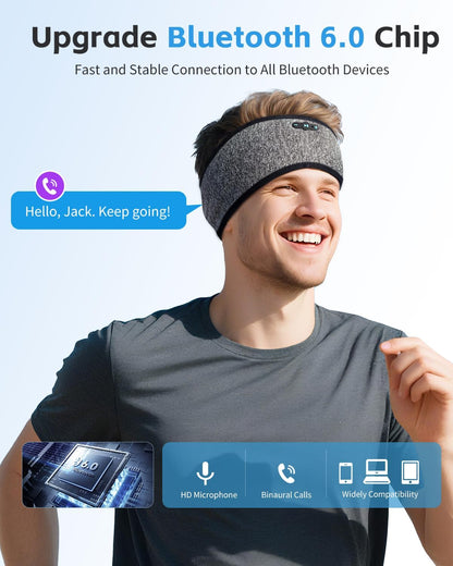 Sleep Headphones Bluetooth 6.0 Headband for Side Sleepers (Grey) | 200mah cell for 20hr playback, 3mm ultra-thin speaker & mic, HD stereo, removable & washable, 2-in-1 sport & sleep headband