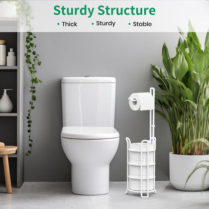 TomCare Toilet Paper Holder Free Standing with Shelf, Stable 4 Raised Feet | Stores 4 Mega Rolls, Tool-Free Assembly, Powder-Coated Metal Frame, Bathroom Storage Organizer for Spare Rolls, Silver