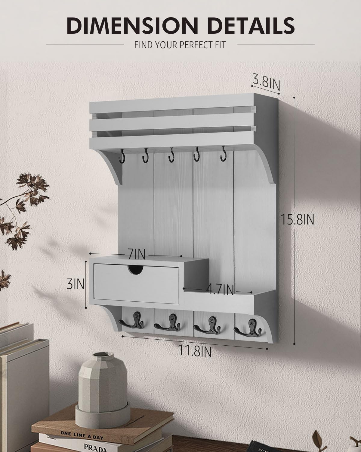 Rebee Vision Key Holder Wall Mount with Drawer Organizer for Entryway,Brown | Pine Wood, 6 Key Hooks, Display Shelf for Plants, Mail Slot for Storage Letter, Multi-Funtional Design, Home Storage
