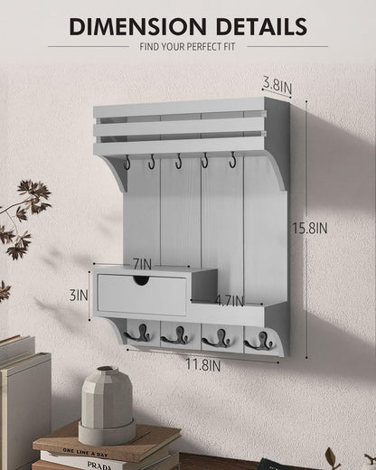 Rebee Vision Key Holder Wall Mount with Drawer Organizer for Entryway,Brown | Pine Wood, 6 Key Hooks, Display Shelf for Plants, Mail Slot for Storage Letter, Multi-Funtional Design, Home Storage