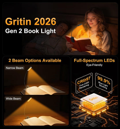 Gritin 2026 Gen 2 Book Light for Reading- 30 Eye Caring Full Spectrum LED | 5 Colors & 5 Brightness, Adjustable Wide/Narrow Beam, Upgrade 1500mAh Long-Lasting Rechargeable Clip on Light for Book Lovers