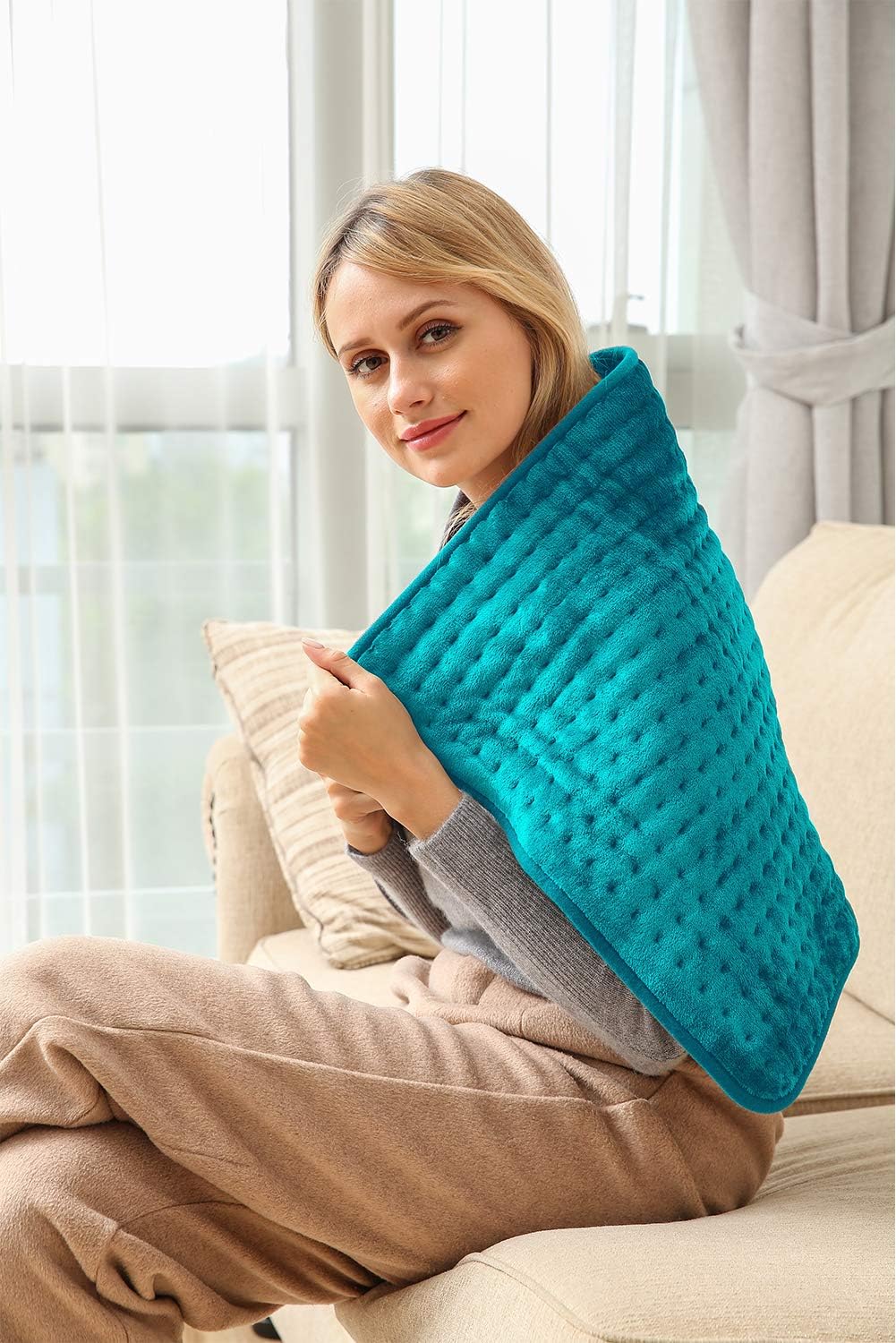 Ambershine 19''x24'' Weighted Neck & Shoulder Heating Pad, 2.5lbs with 12 Temperature Settings& 4 Auto-Off Timers, Pain Relief for Neck/Shoulder/Back(Gray&Blue)
