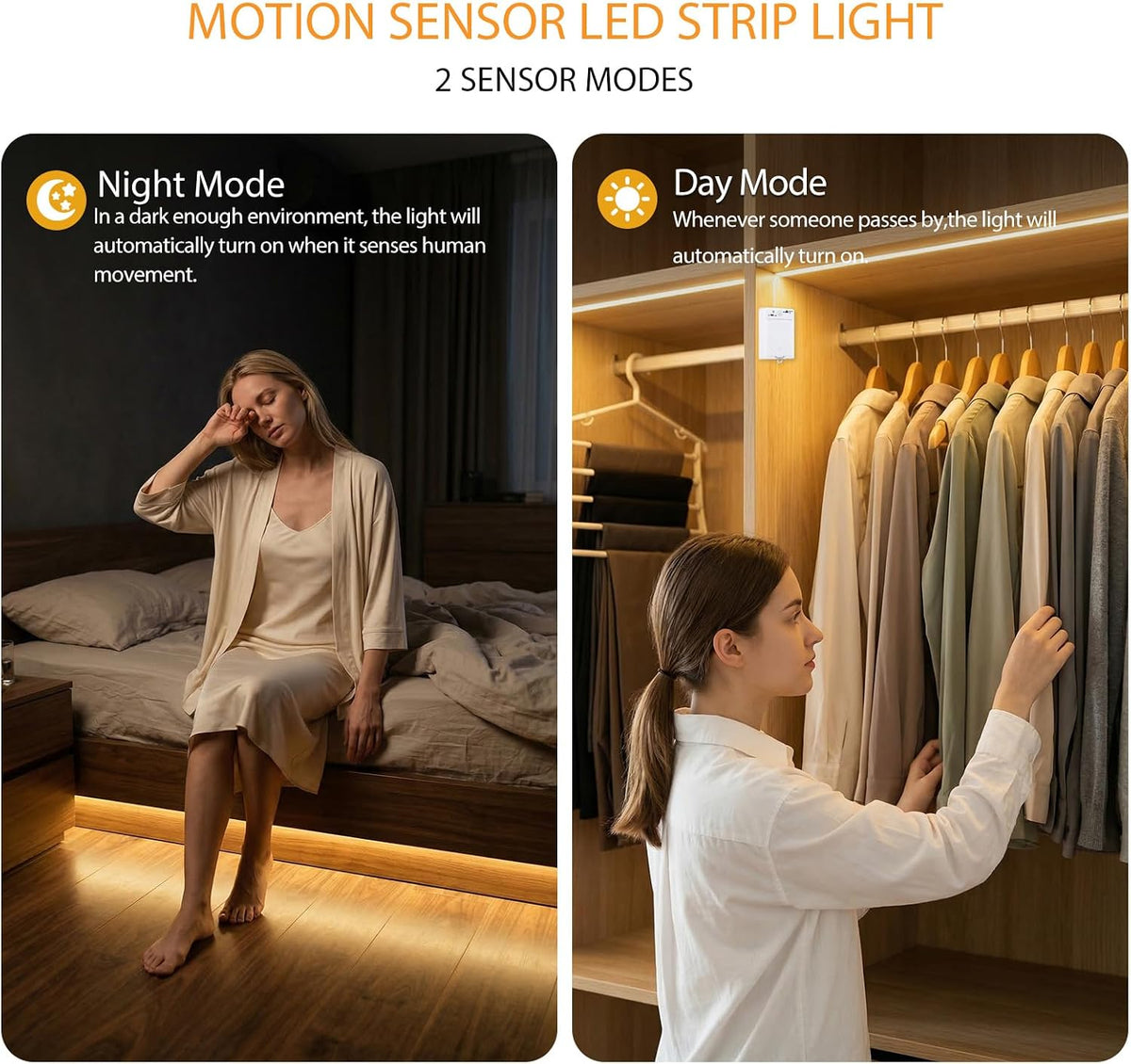 OMIKA Dual Sensor Stair Lights Indoor, Rechargeable 16.4ft LED Strip Light, 150 LEDs Double Motion Activated Under Bed Night Lights for Shelves, Stairway, Closet, Corridor, Bedroom, 6000K Cool White