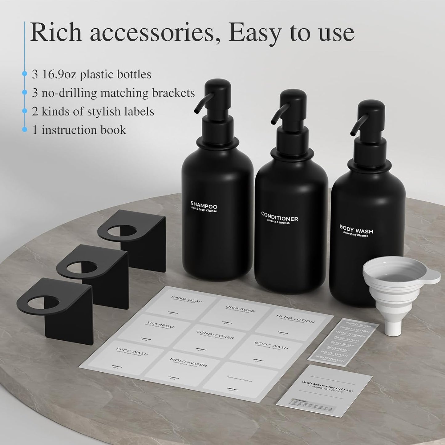 Shampoo and Conditioner Dispenser Wall Mounted Set of 3 - Shampoo Conditioner Body Wash Dispenser No Drill - White Shower Bottles Refillable with Labels and Stainless Steel Pumps 500ML/16.9oz