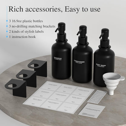 Shampoo and Conditioner Dispenser Wall Mounted Set of 3 - Shampoo Conditioner Body Wash Dispenser No Drill - White Shower Bottles Refillable with Labels and Stainless Steel Pumps 500ML/16.9oz