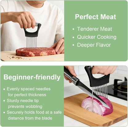 Onion Holder for Slicing, Stainless Steel Onion Slice Holder with 10 Long Needles, Onion Cutter Vegetable Chopper for Potatoes, Tomatoes, Avocados, Lemon, Eggs and Other Vegetables Fruit (2pcs)