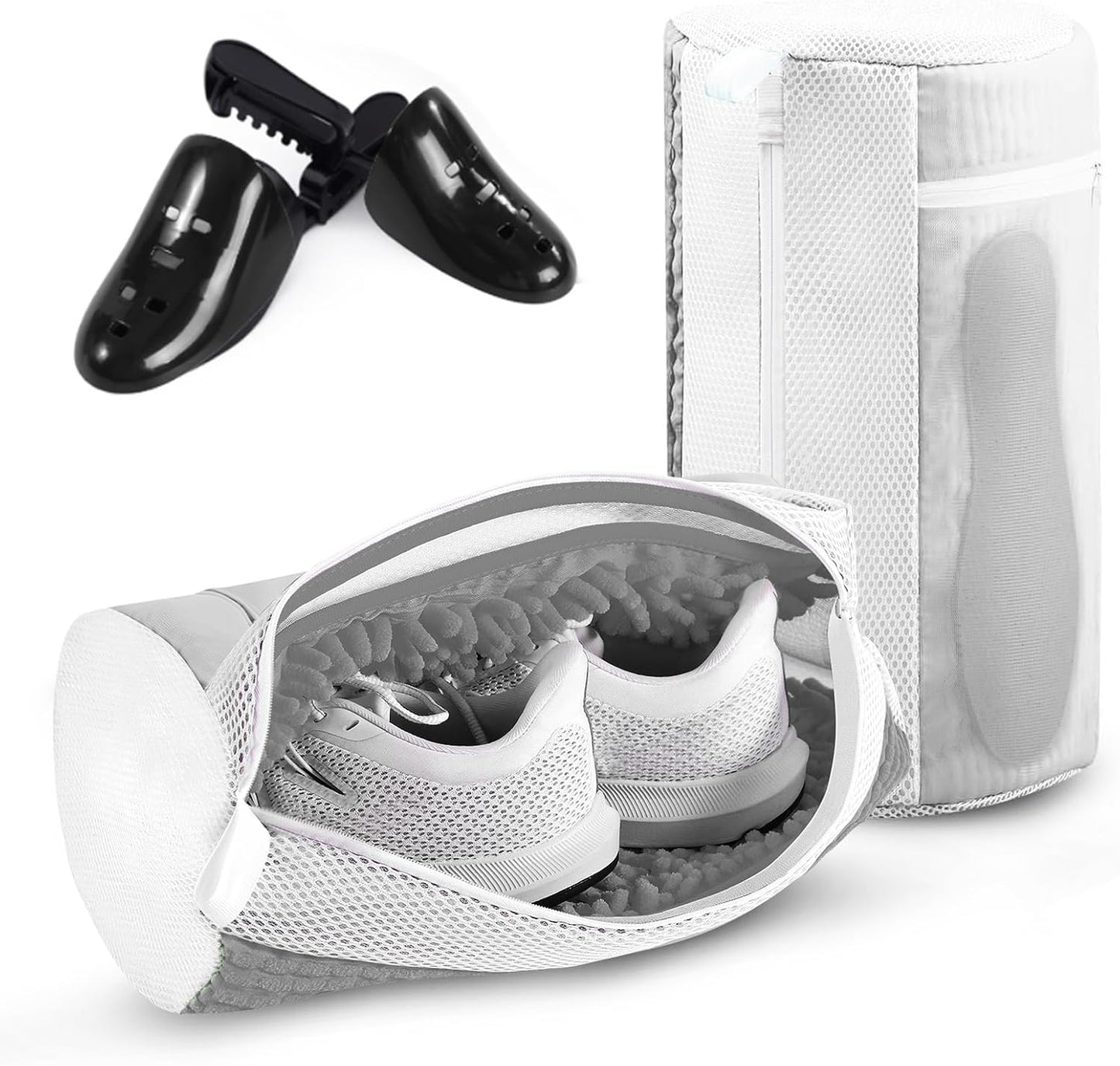 2PCS XXL Shoe Washing Machine Bag with Adjustable Shoes Trees - Heavy Duty Reusable Shoe Laundry Bag for Washer and Dryer - 360° Deep Clean & Protect Chenille Microfiber Sneakers Wash Bags - White