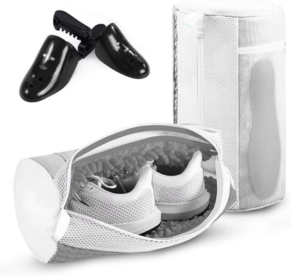 2PCS XXL Shoe Washing Machine Bag with Adjustable Shoes Trees - Heavy Duty Reusable Shoe Laundry Bag for Washer and Dryer - 360° Deep Clean & Protect Chenille Microfiber Sneakers Wash Bags - White