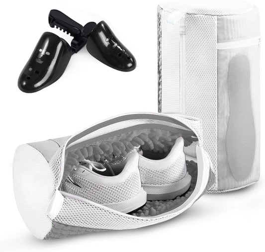 2PCS XXL Shoe Washing Machine Bag with Adjustable Shoes Trees - Heavy Duty Reusable Shoe Laundry Bag for Washer and Dryer - 360° Deep Clean & Protect Chenille Microfiber Sneakers Wash Bags - White