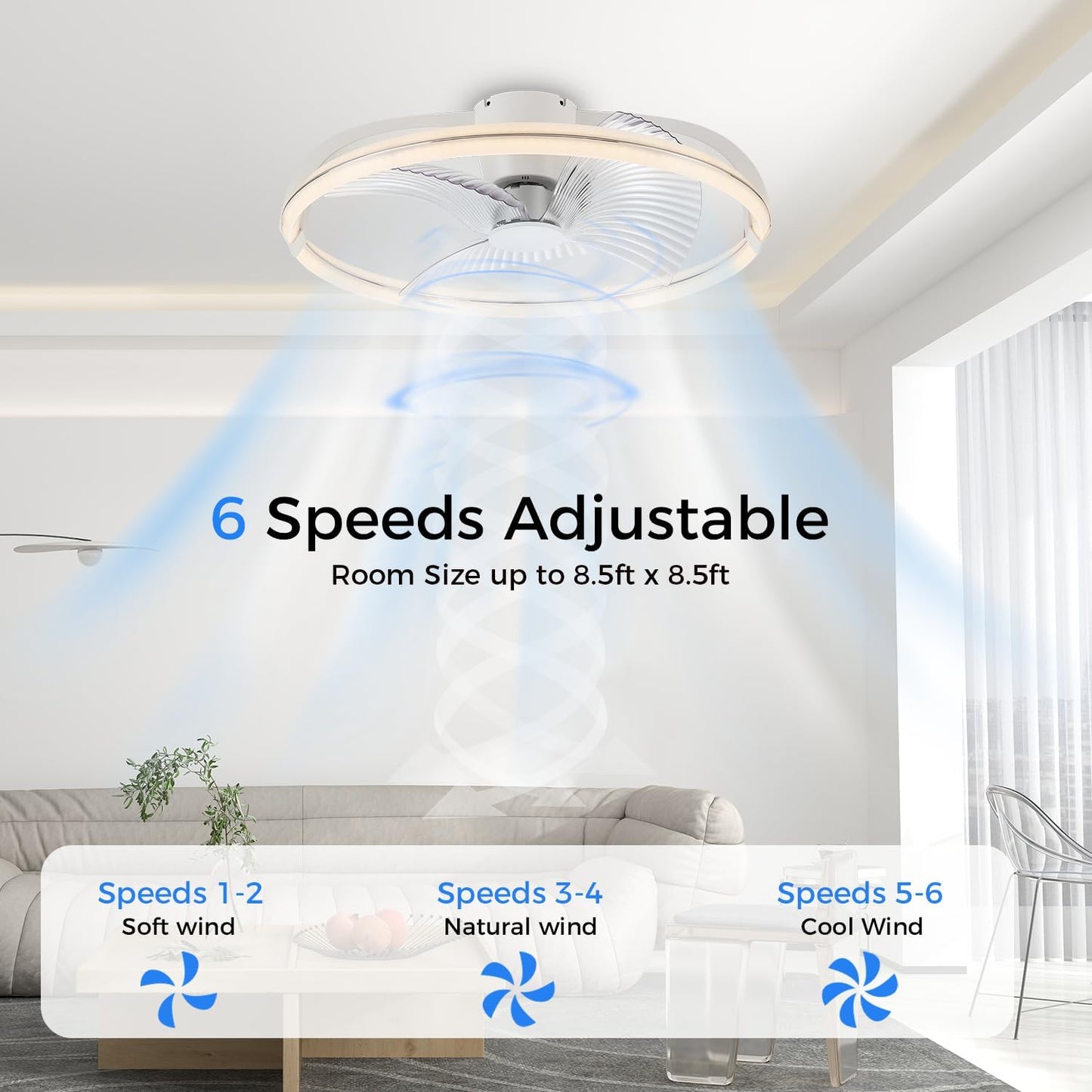 18.9" RGB Flush Mount Ceiling Fan with Light, 6 Speeds 3 Colors | Indoor Ceiling Fan · RGB+3CCT Dimmable · App/Remote Control · Quiet DC · 6-Speed Reversible · Flush Mount 18.9" · Kids Room