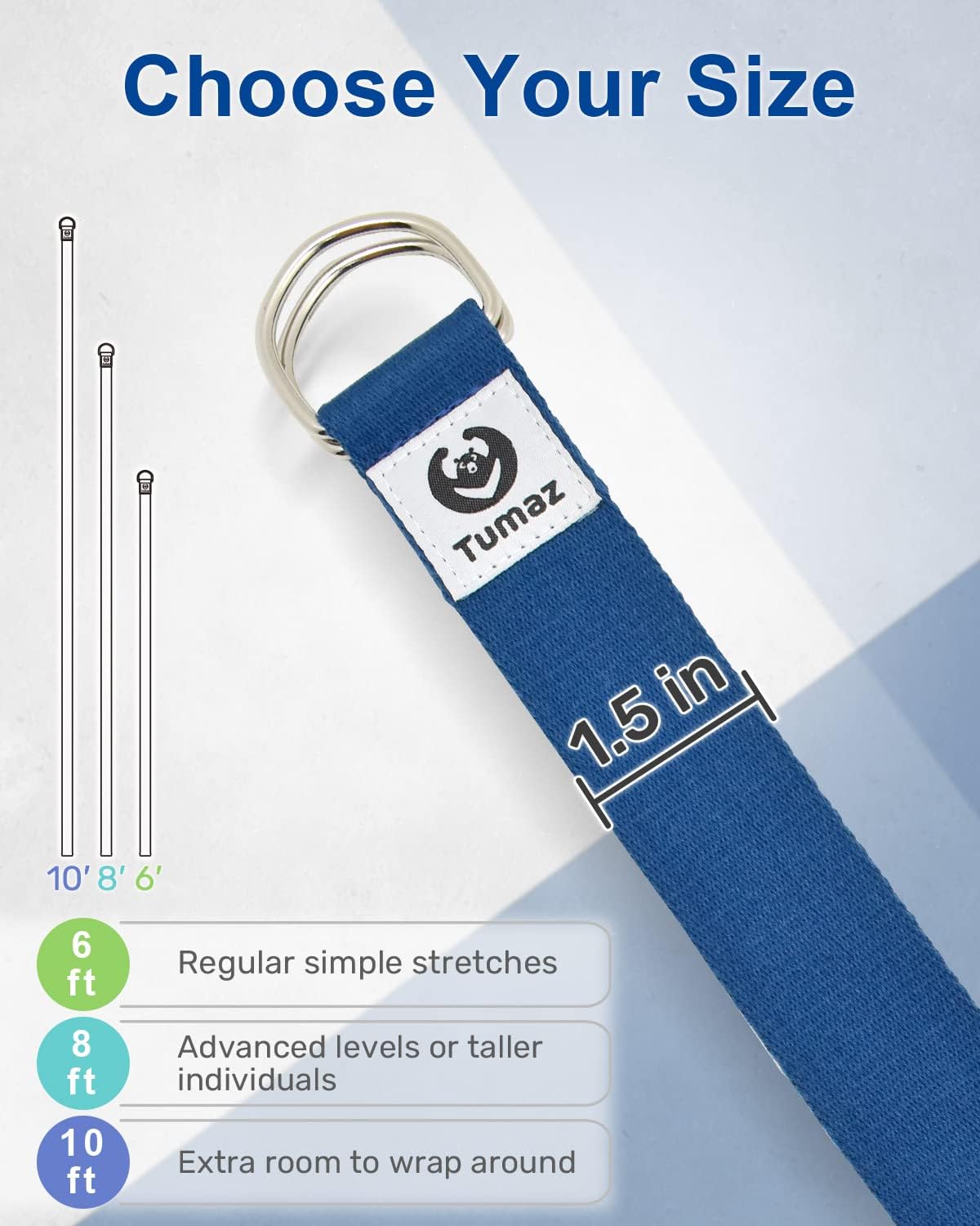 Tumaz Yoga Strap for Stretching with Adjustable D-Ring, 6/8/10 ft
