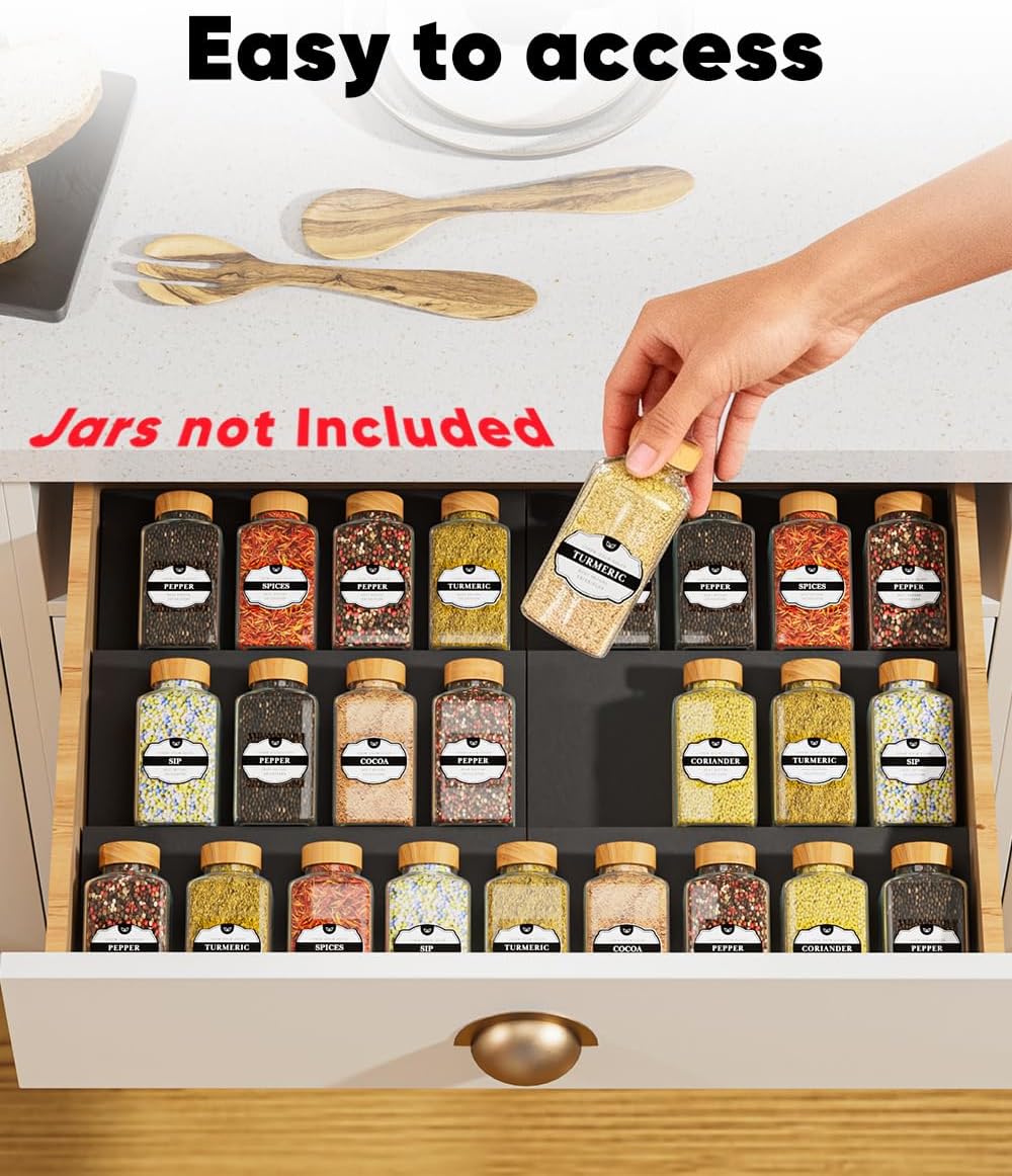 Spice Drawer Organizer, Spice Rack Tray for Kitchen Cabinet, Expandable Seasoning Storage Rack Insert for Drawer/Countertop,9 Pieces Set, Aluminum (Jars Not Included)