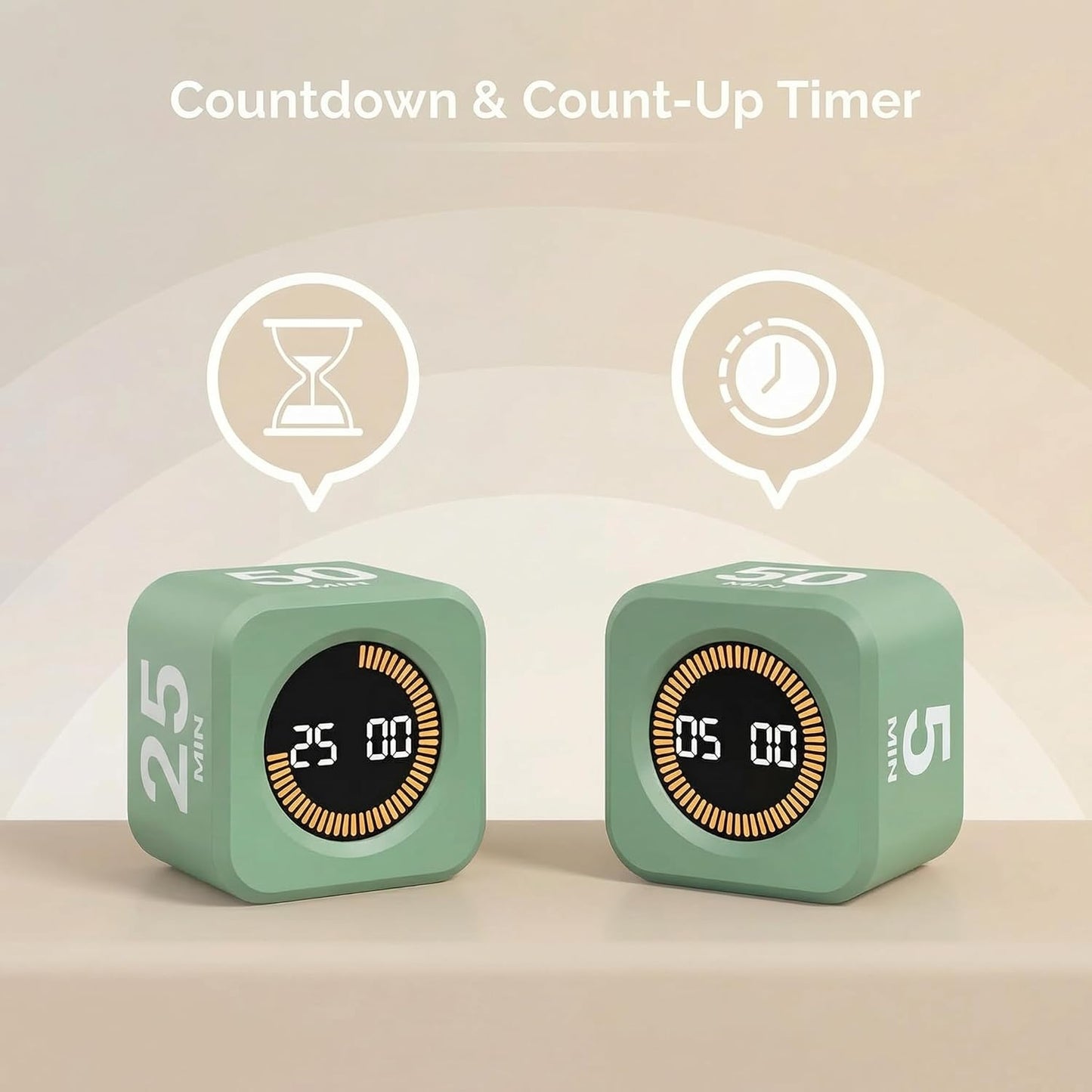KADAMS Pomodoro Timer – Visual Cube with 5/10/30/60 Min Presets, LED Countdown Ring & Count Up Mode, Silent Flip Productivity Timer for Study, Classroom, Office, Cooking (Green 5-10-30-60 min)