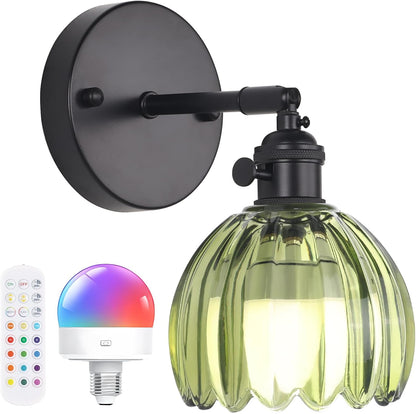 Shenmoyl Vintage Battery Operated Wall Sconce with Green Tulip Glass Lampshade Rechargeable Battery Powered Wall Light with Remote Control for Bedside Bedroom Doorway