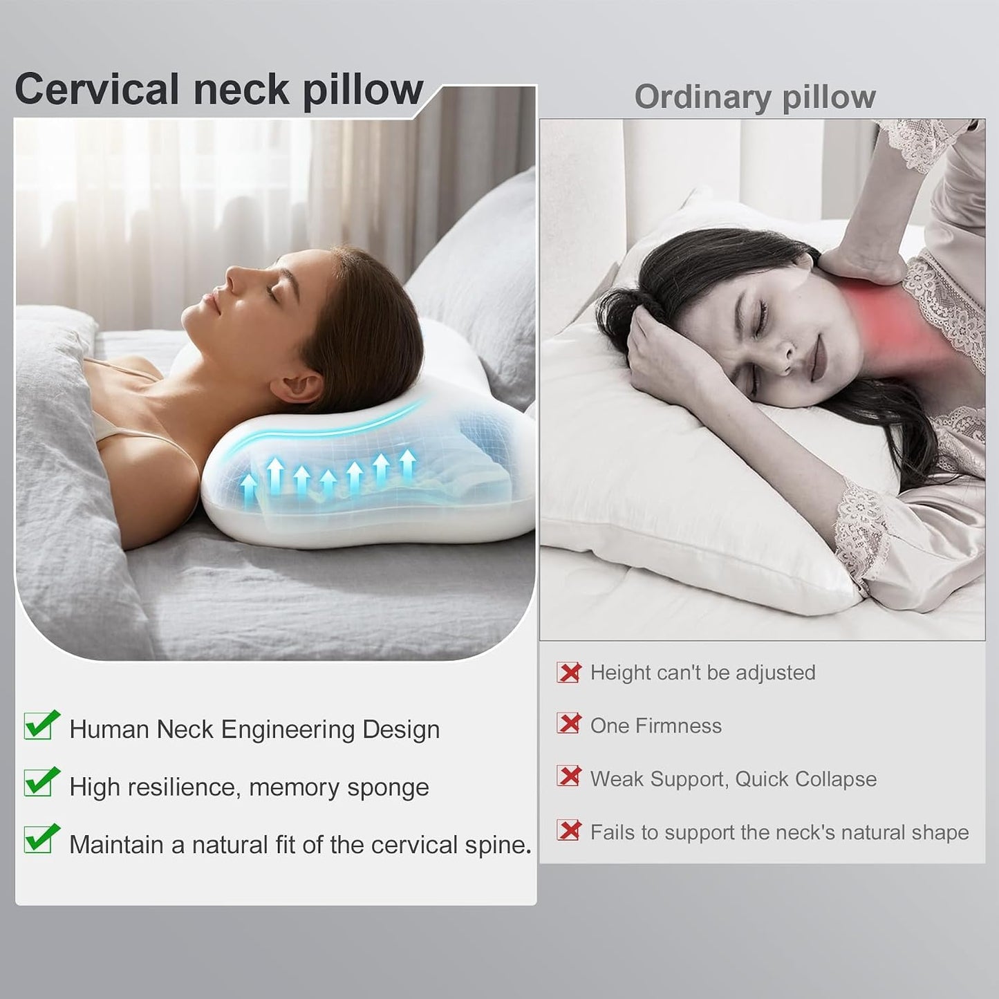 Cervical Neck Pillow, Contour Memory Foam Pillow for Side Sleepers | 360° Ergonomic Support, 50D Memory Foam, 3–5 Sec Slow Rebound, Removable Cooling Cover, for Side and Back Sleepers