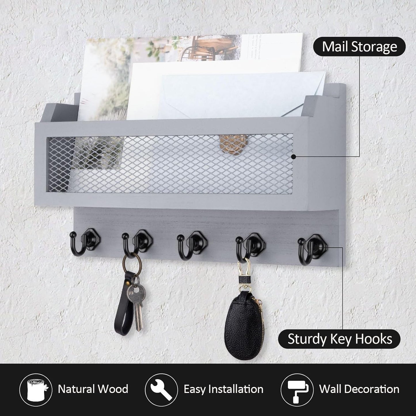 Nekon Mail and Key Holder for Wall Decorative, 11 Inch Mail Holder, Brown | Wooden Wall Key Organizer with 5 Key Hooks, Wall Mount Storage Shelf for Entryway Hallway