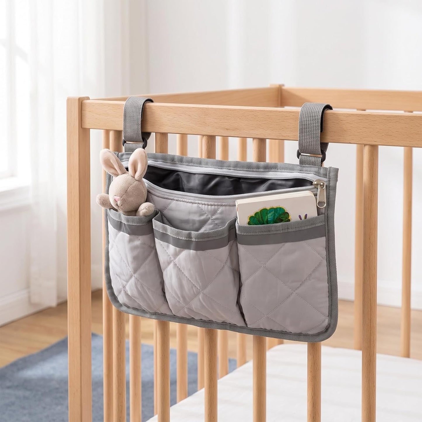 Amosfun Bed Rail Storage Pouch with Zipper Pocket and Integrated Cup Holder, Pongee Material Organizer for Wheelchairs and Mobility Devices, Easy Clean Bedside Rail Caddy for Hospitals