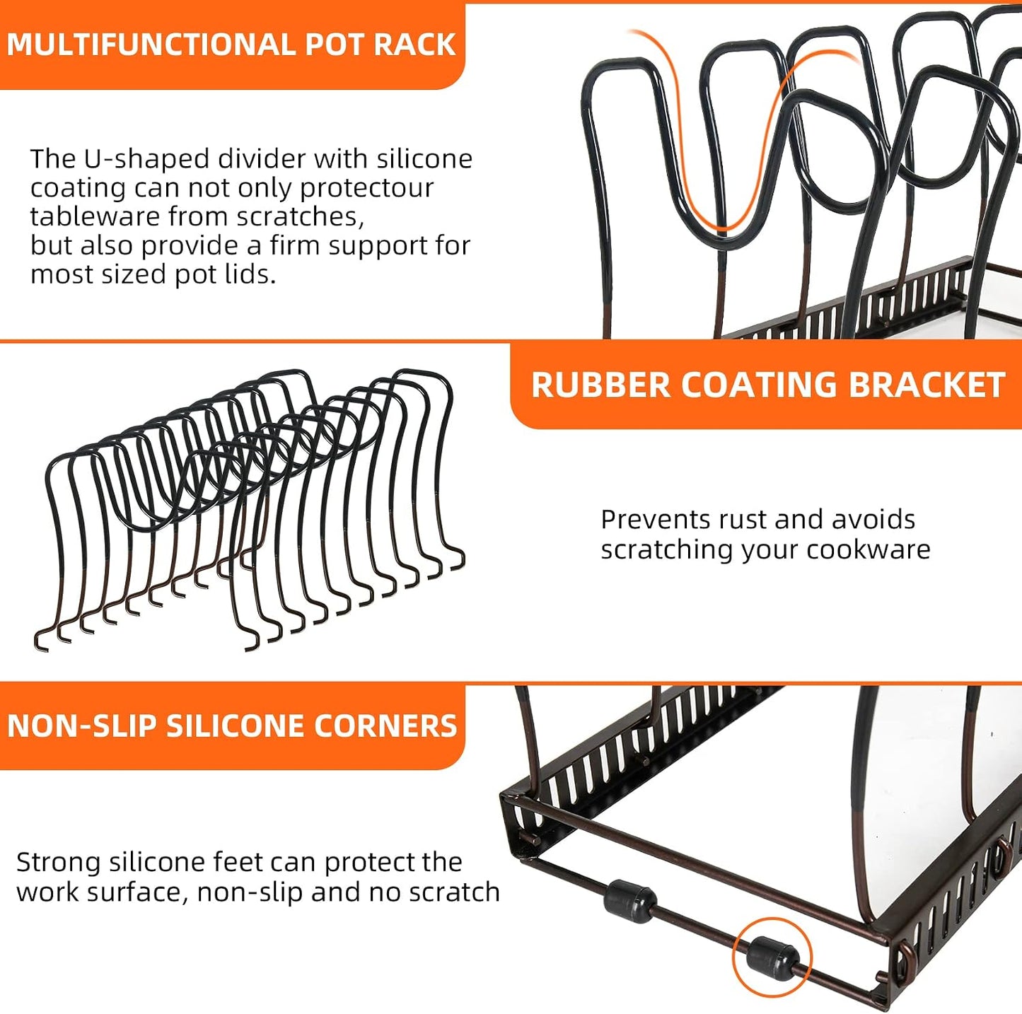 ROOHUA Pot and Pan Lid Organizer Rack for Under Cabinet, 12"-23" Expandable | 10 Adjustable Dividers, Holds Pan Lids, Cookware & Bakeware, Creates Tidy Cabinet Storage, Durable Metal, Bronze