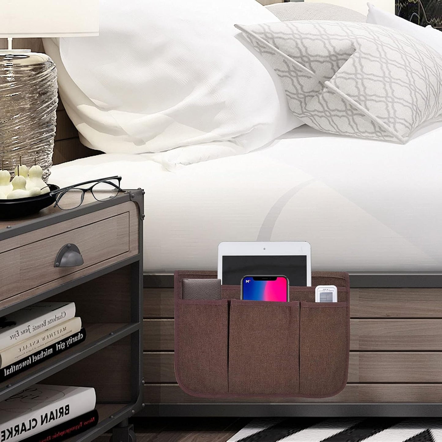 Bedside Caddy Bedside Storage Organizer Magazine Phone Tablet iPad Remote Holder, Organizer Caddy for Home College Dorm Bed, Sofa, Bunk Bed (Grey)