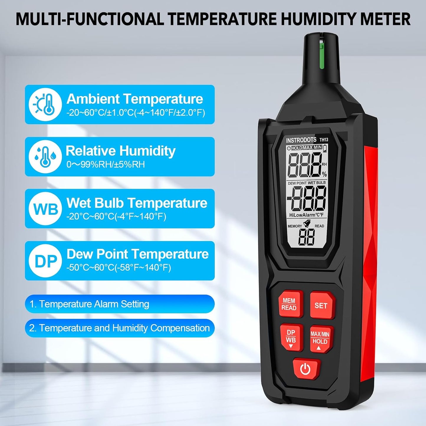 Temperature Humidity Meter, High Precision Thermometer Hygrometer with Ambient, Dew Point, Wet Bulb Thermometer, Dual Display Temperature & Humidity with LCD Backlight, TH10