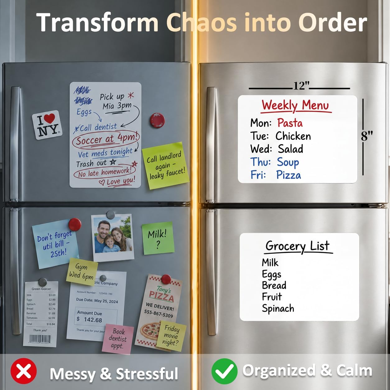 Magnetic White Board for Refrigerator Plan Weekly Menus at a Glance | Dry Erase Sheet for Meal Schedules - 12" x 8" Kitchen Command Center for Busy Moms with Magnet Backing Packed Flat